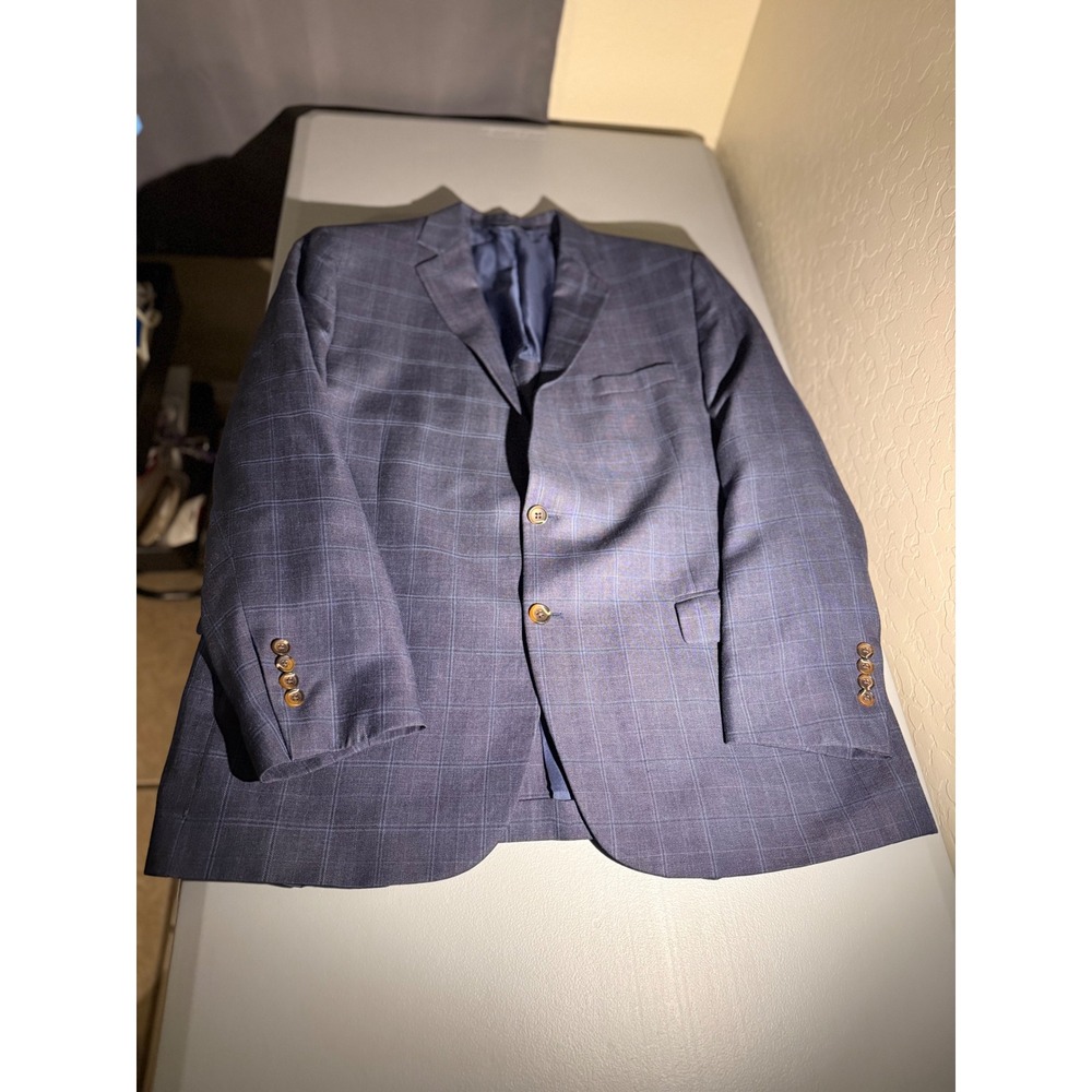 Brooks Brothers Fitzgerald Fit Wool Linen Windowpane Sport Coat 46R Blue Grey
